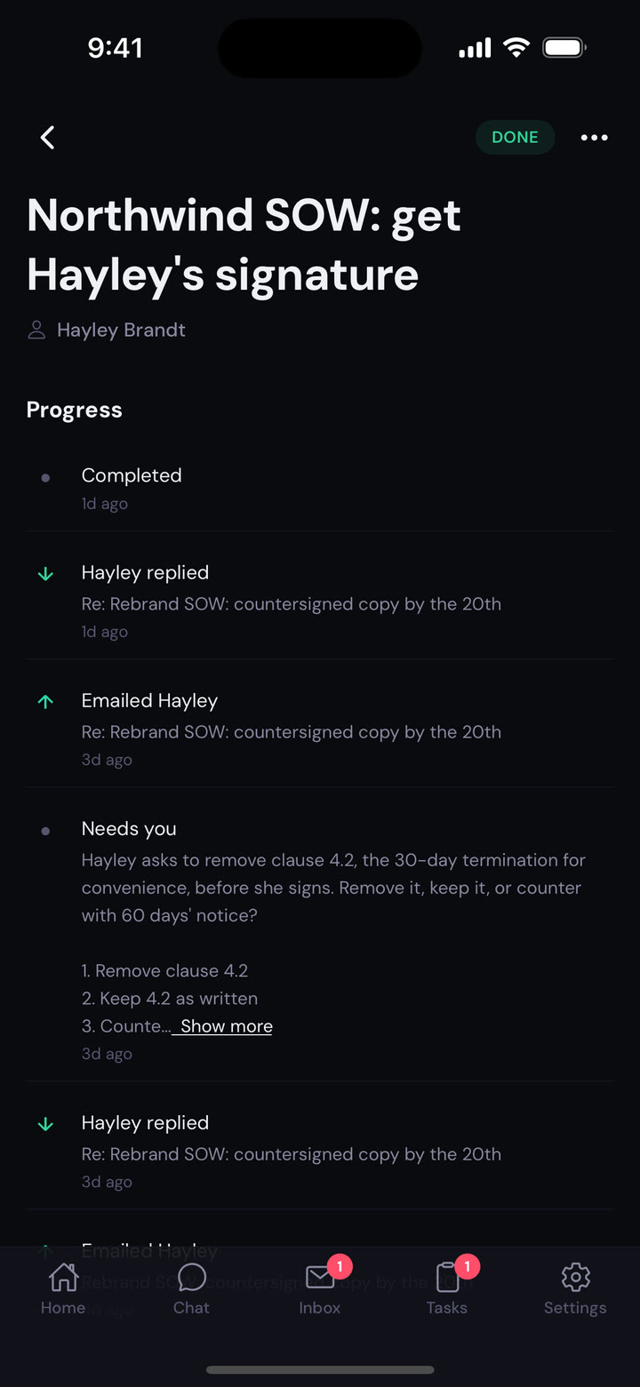 Tasks in the Atona app, dark appearance: Northwind SOW, get Hayley’s signature, done. The feed from the countersigned copy back to the ask.