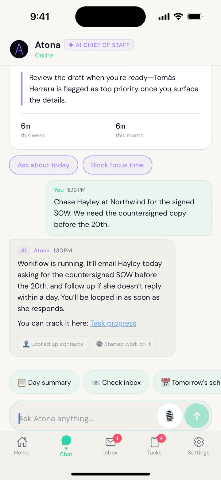 Chat in the Atona app on iPhone: Jordan asks Atona to chase Hayley at Northwind for the signed SOW, countersigned copy before the 20th; Atona replies that the workflow is running, Hayley gets emailed today, and links the task.