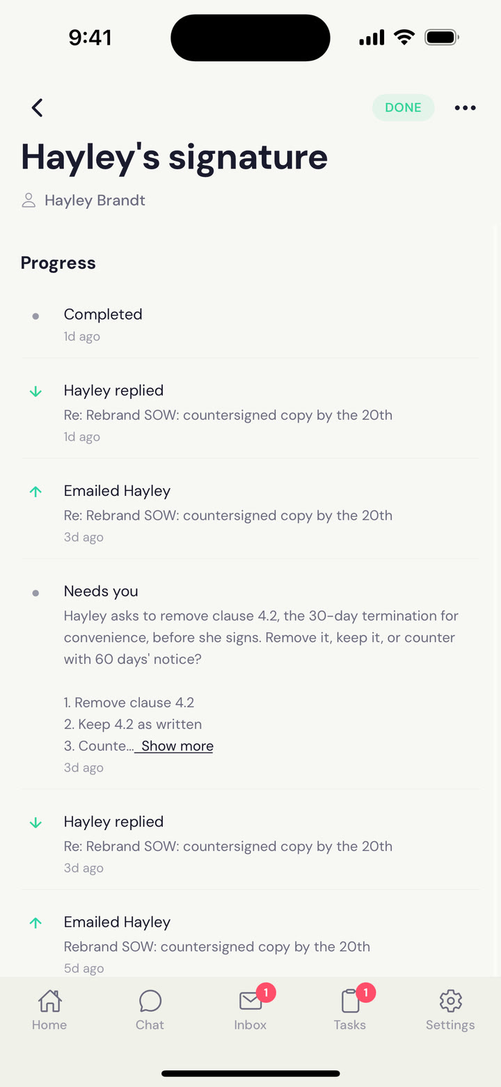 The Northwind SOW task on iPhone: the decision as it was put to Jordan. Hayley asks to remove clause 4.2; remove it, keep it, or counter with 60 days’ notice.