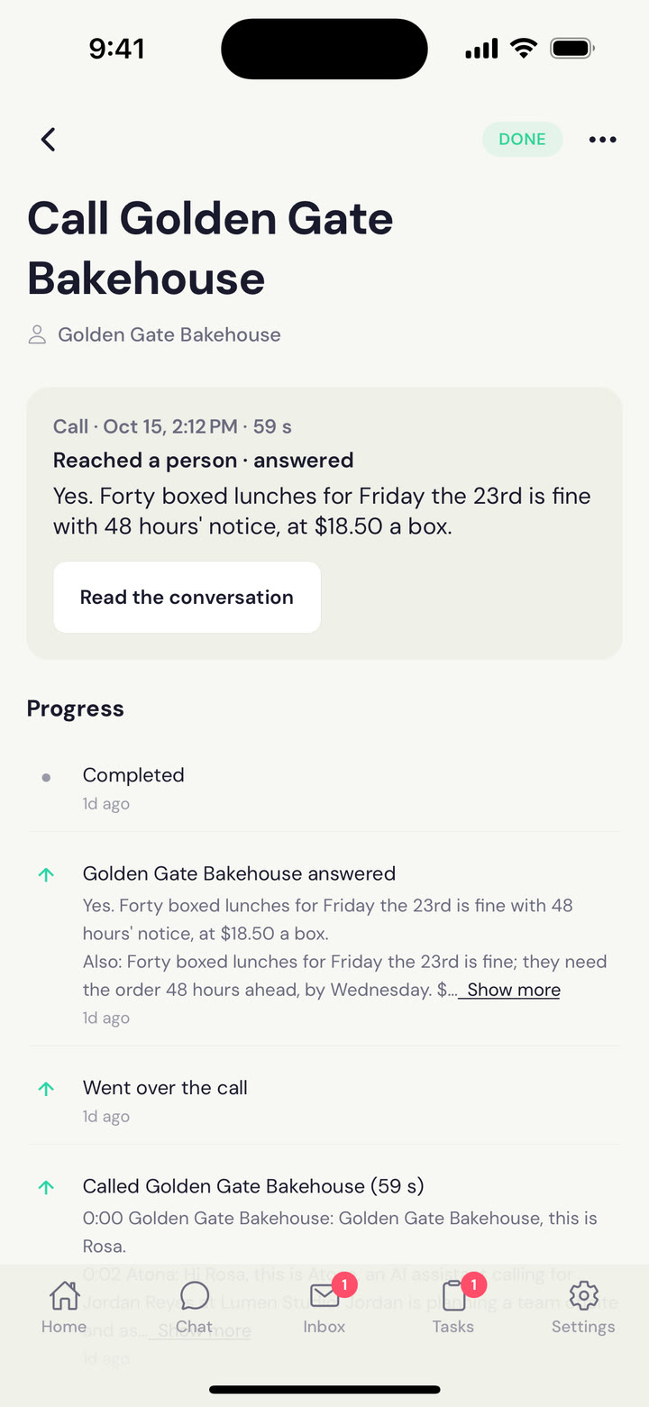 The Call Golden Gate Bakehouse task on iPhone: reached a person, answered; forty boxed lunches for Friday the 23rd at $18.50 a box; the feed from the ask to the answer.